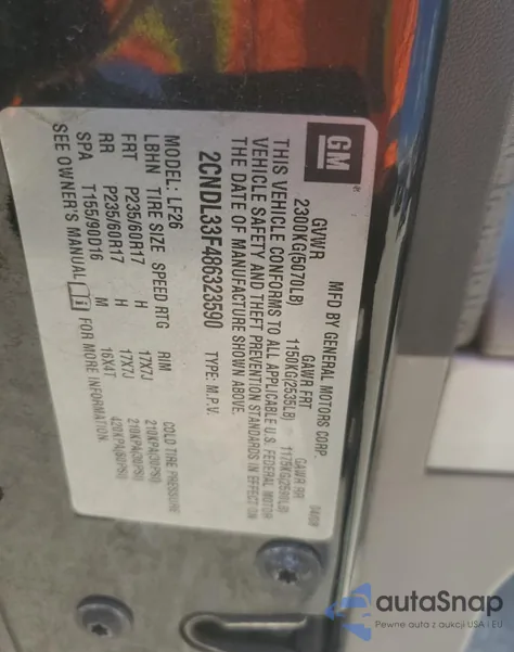 2008 Chevrolet Equinox Lt from USA, damaged, VIN 2CNDL33F486323590